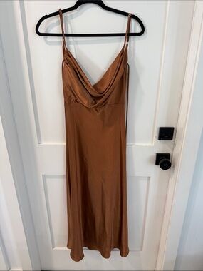 Satin Cowl Neck Slip Dress in Rust Brown
